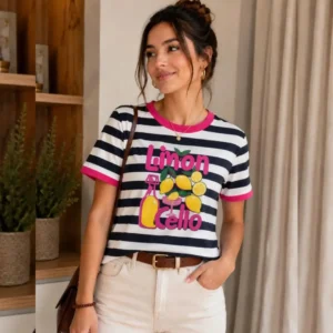 T-shirt limon cello listrada - Detalhe Rosa