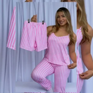 Pijama Trio (3 em 1 ) - Listrado Rosa (alcinha)