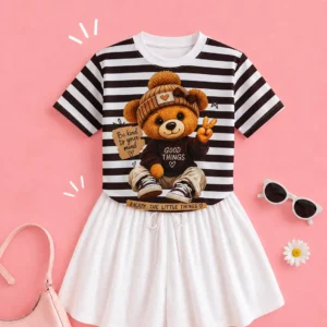 T-shirt Ursinha Good Things Listrada - Preta