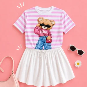 T-shirt Ursinha Girl Listrada - Rosa