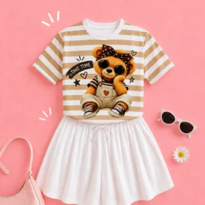 T-shirt Ursinha Take Time Listrada - Marrom