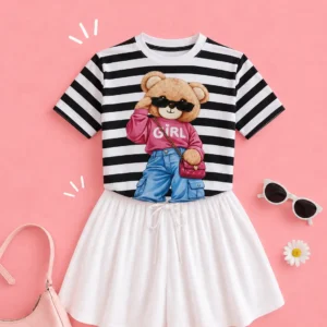 T-shirt Ursinha Girl Listrada - Preta
