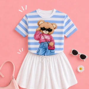 T-shirt Ursinha Girl Listrada - Azul